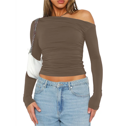 NEW-Women's Casual Long Sleeve Boat Neck Off Shoulder Slim Fit Crop Top Going Out Blouses Y2K Tight Shirts.