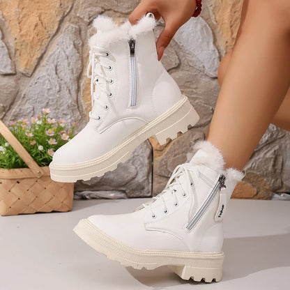 Women's Autumn Winter Ankle Boots Thick Sole Warm Plush Cotton Shoes Woman Fashion Black White Pu Leather Platform Botas Mujer.