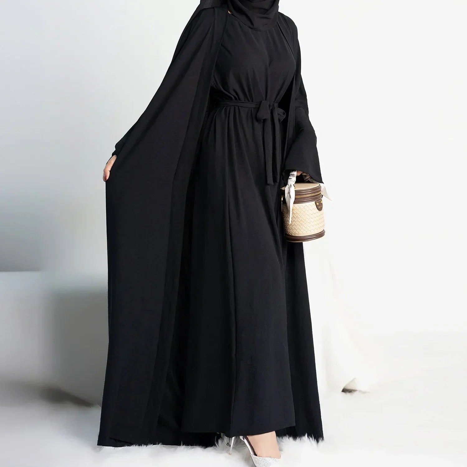 Muslim Woman Set 2 Piece Abaya Kimono with Sleeveless Inner Dress Simple Matching Outfits Dubai Turkey Casual Islamic Clothing.