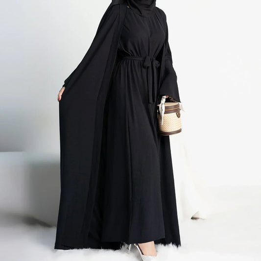 Muslim Woman Set 2 Piece Abaya Kimono with Sleeveless Inner Dress Simple Matching Outfits Dubai Turkey Casual Islamic Clothing.
