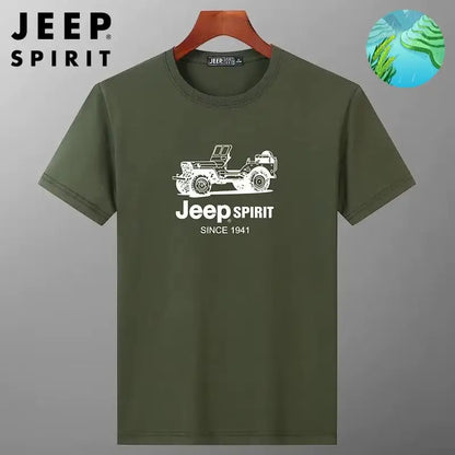 JEEP SPIRIT Mens T-shirt Summer 100%Cotton 230g Heavy Print Sports Breathable Round Neck Top Loose Solid Short Sleeve.