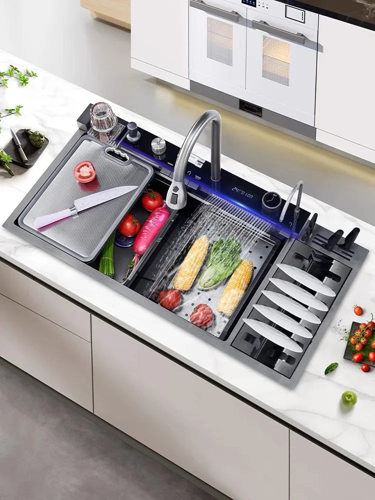 100cmx46cm Whale-Style Large Single-Bowl Kitchen Sink with Dish Rack Digital Faucet Integrated Dishwasher Multi-Functional