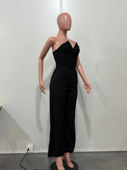 CM.YAYA Women Wide Leg Strapless V-neck Sleeveless Jumpsuits 2025 Summer OL Beach Night Club Party Street One Piece Suit Romper.