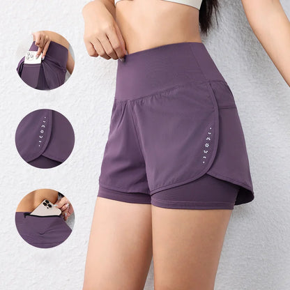 quick-drying women's running shorts sports layer elastic waist active sports shorts with pockets yoga shorts.