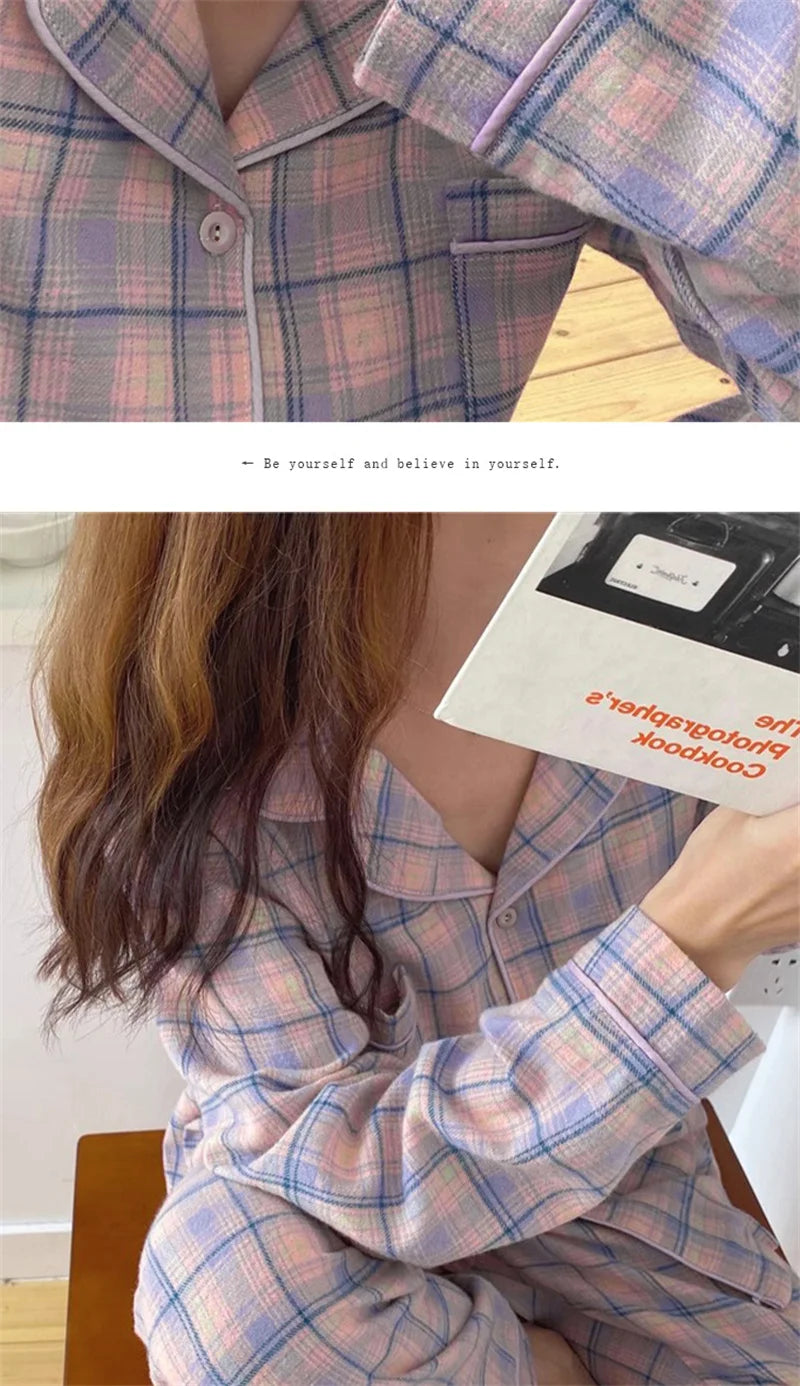 Pajamas Female Autumn and Winter Long-Sleeved Sweet Homewear Two-Piece Tide Cardigan Lapel Plaid Homewear 1.