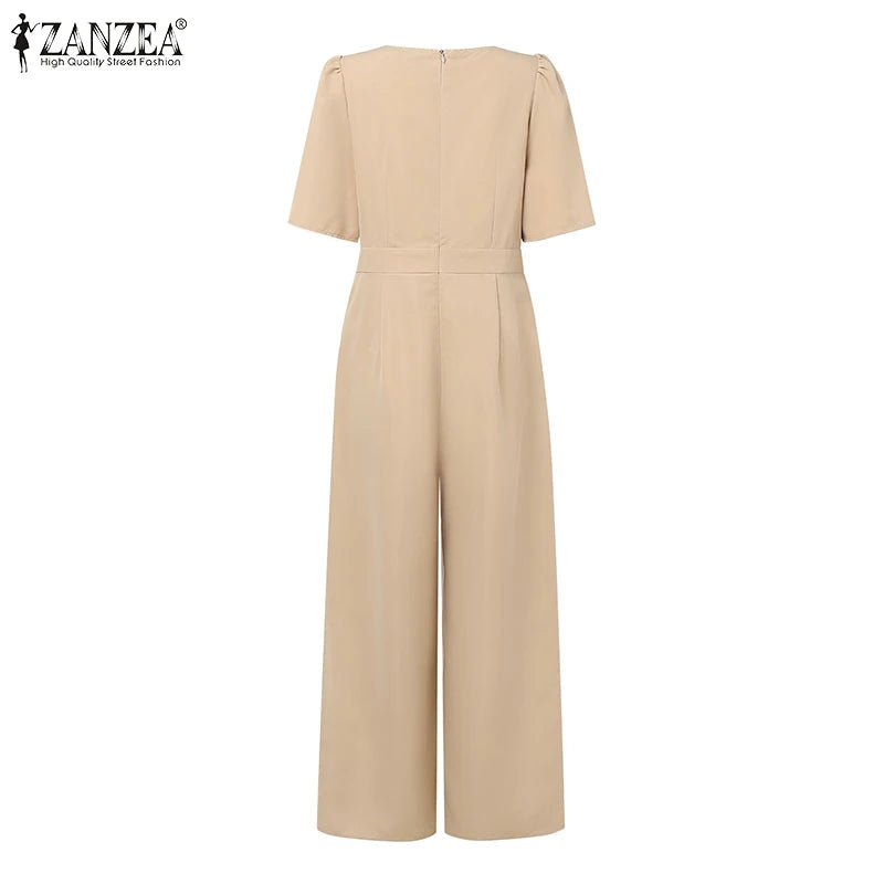 ZANZEA Street Fashion Elegant Womens Jumpsuits Sqaure Neck Short Sleeve Fitted Waist Wide Leg Pant Overalls Summer Streetwear.