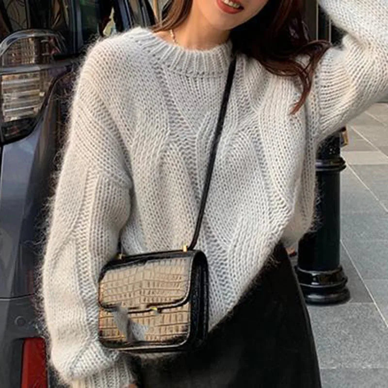 Biyaby Twist Gestrickte Pullover Frau Herbst Winter Faul Stil Oansatz Feste Pullover Frauen Casual Grundlegende Lose Pullover Damen.
