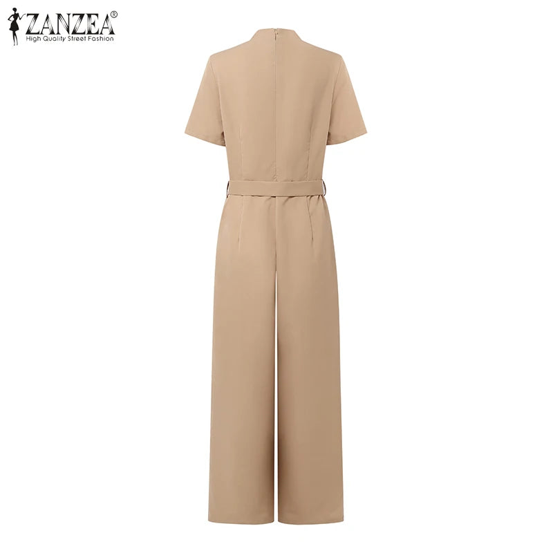 ZANZEA Street Fashion High Waist Jumpsuits Women Workwear Belt Rompers Solid Deep V Neck Elegant Office Lady Long Overalls.