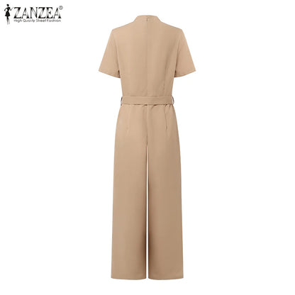 ZANZEA Street Fashion High Waist Jumpsuits Women Workwear Belt Rompers Solid Deep V Neck Elegant Office Lady Long Overalls.