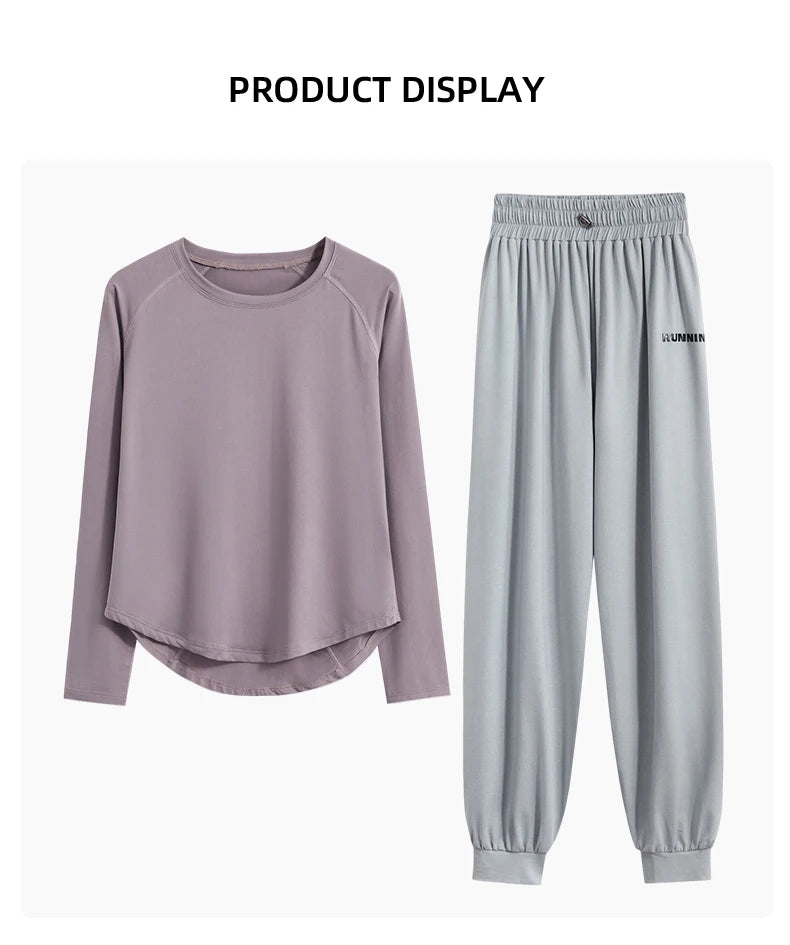 DRUR 2pcs Running Set Women Tracksuit Lightweight Loose Long Sleeve Sport Shirt Pants Sets 2 Piece Sportswear Outfit Gym Clothes.