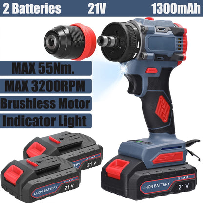 2in1 Akku-Elektroschrauber Bohrer Bürstenloser Motor 45/55 Nm Drehmoment Stufenlose Geschwindigkeitsregelung Hand-Lithium-Treiber-Bohrmaschine