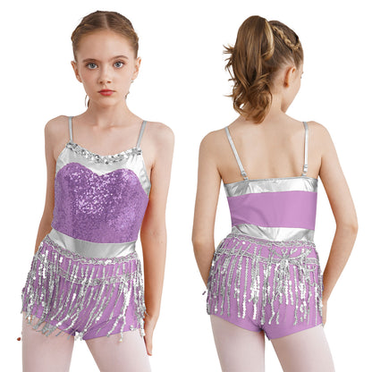 Kinder Mädchen Latin Tanz Kostüm Jazz Samba Cha-Cha Eiskunstlauf Trikot Kleid glänzende Pailletten Quaste Bodysuit für Bühnen performance