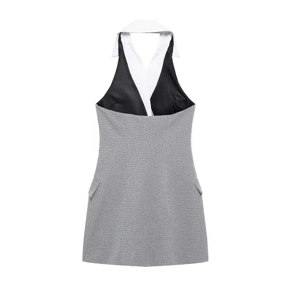 TRZA Mode Zweireiher Plaid Halter Mini Kleid für Frauen Front Klappen Taschen Backless Weibliche Kleider Vestidos Mujer.