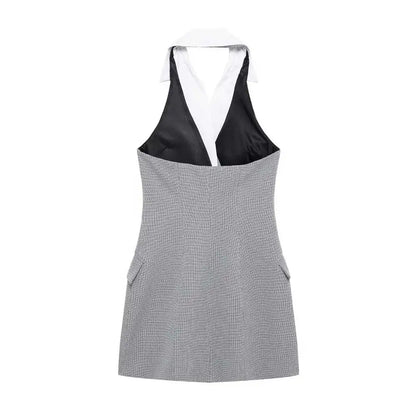 TRZA Mode Zweireiher Plaid Halter Mini Kleid für Frauen Front Klappen Taschen Backless Weibliche Kleider Vestidos Mujer.