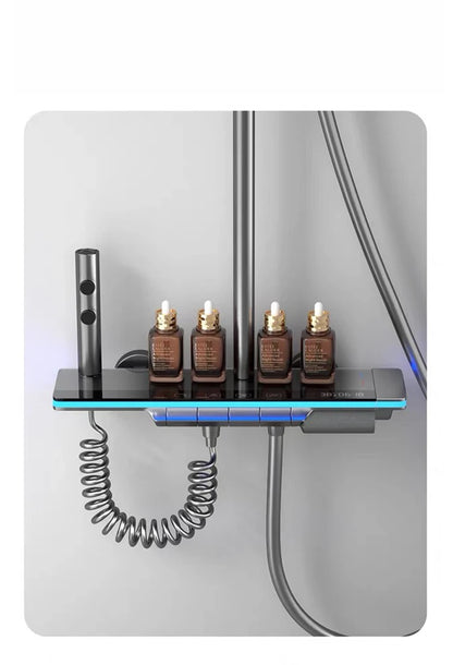 Bathroom Luxury Shower Faucet System with Lights Tempered Glass Shower Set Digital Display Copper Mixer Shower Faucet Set