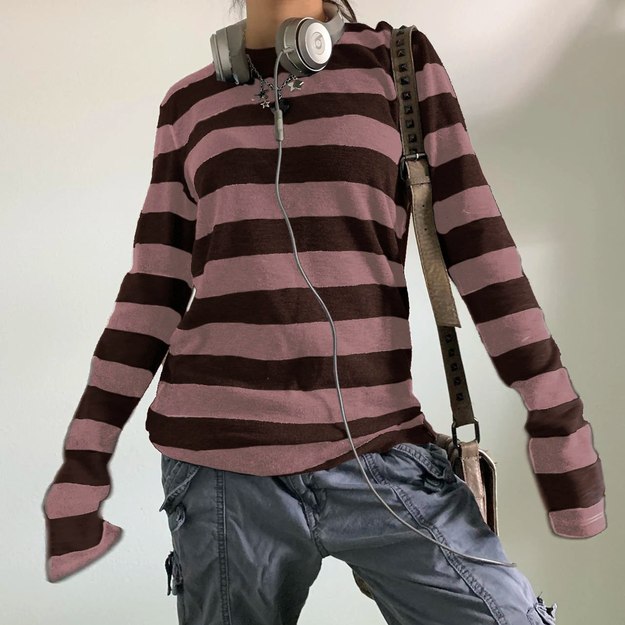 Women Fairy Grunge Knit Basic Shirt Autumn Y2K Grey Black Striped Long Sleeve Round Neck Tops Emo Tee.