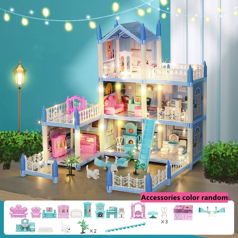 Girls Toddler Doll House - Large Doll House with 4 Dolls, Furniture, Accessories, LED Lights, 4 Stories Princess Dream House Toy.