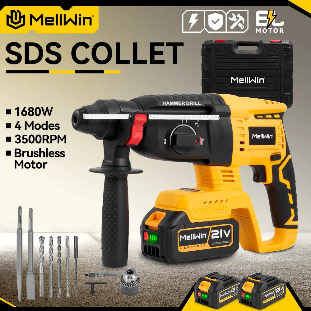 MELLWIN 26 mm bürstenloser elektrischer Bohrhammer, multifunktionaler Bohrhammer, Schlagbohrmaschine, Werkzeugset für Makita 18 V Batterie-Pin