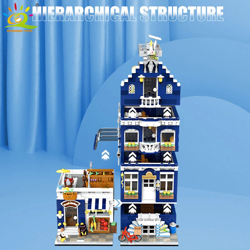 HUIQIBAO Toys MOC City Corner Coffee Shop Architecture Style Street View Micro Building Blocks for Children Construction Bricks.
