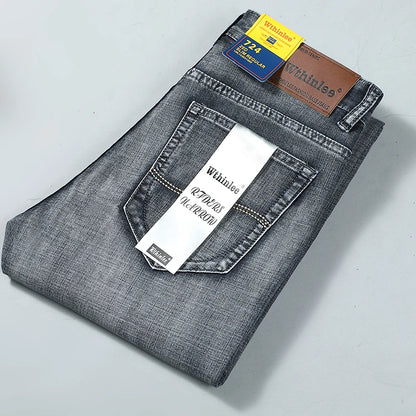 New Business Men's Jeans Casual Straight Stretch Fashion Classic Smoke Gray Blue Black Work Denim Trousers Male Brand Clothing.