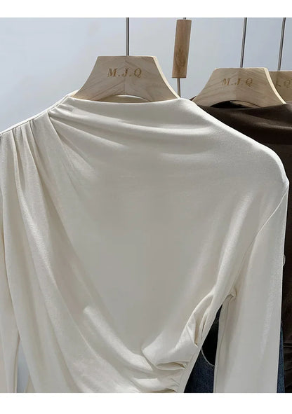 Early Autumn Pure Color High Neck Pleated Slim Fit Sexy Base Shirt Women's Fashionable Crew Neck T-shirt Full Sleeve China Origi.