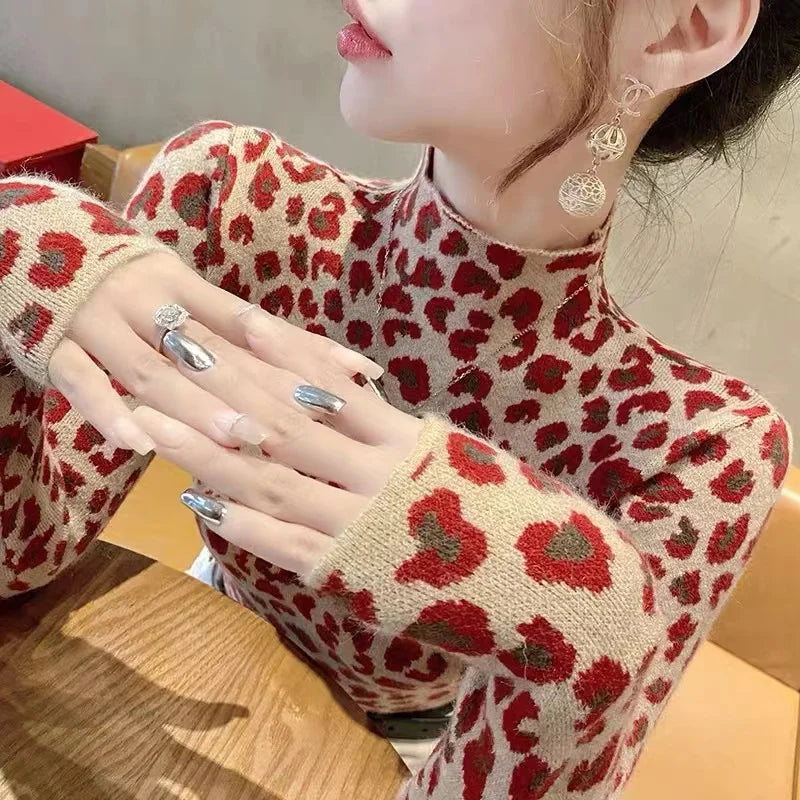 Herbst Winter Mode Alle-spiel Leopard Print Pullover Frauen Kleidung Elegante Dünne Halb Hohe Kragen Langarm Pullover Y2k top.