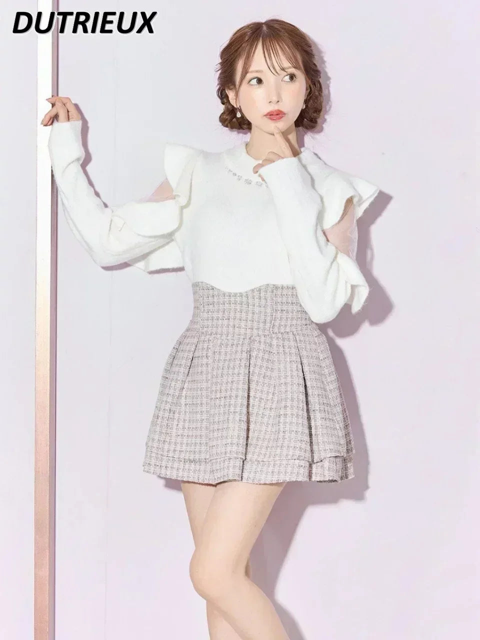 Japanese Lolita Skirts Ruffled Pleated Plaid Skirt Women 2025 Spring New Elastic High Waist Slimming Gentle Mini Skirt Culottes.