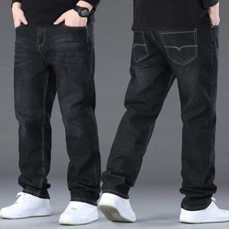 Große Größe Herren Jeans High Stretch Denim Stoff Große Größe Hosen für 45-150 kg Jeans Hombre Jeans mit weitem Bein Pantalon Homme.