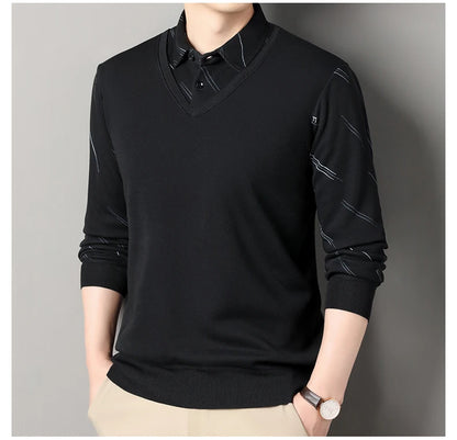 Men's Fleece Lining Sweater Autumn Winter Pullover Polo Shirt Collar Fake Two Piece Thick Warm Top Clothes Casual Knitwear.