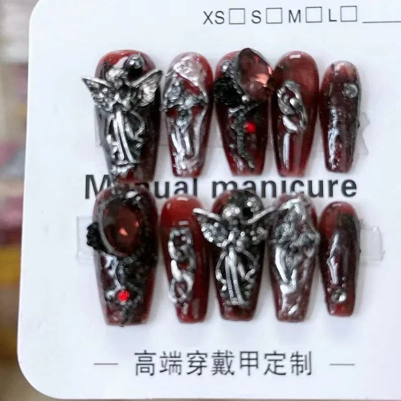 10 Pieces Sweet Cool Dark Style Handmade Wearable Nails Star River Falls Nail Art Patches Scarlet Angel Halloween Fake Nails.