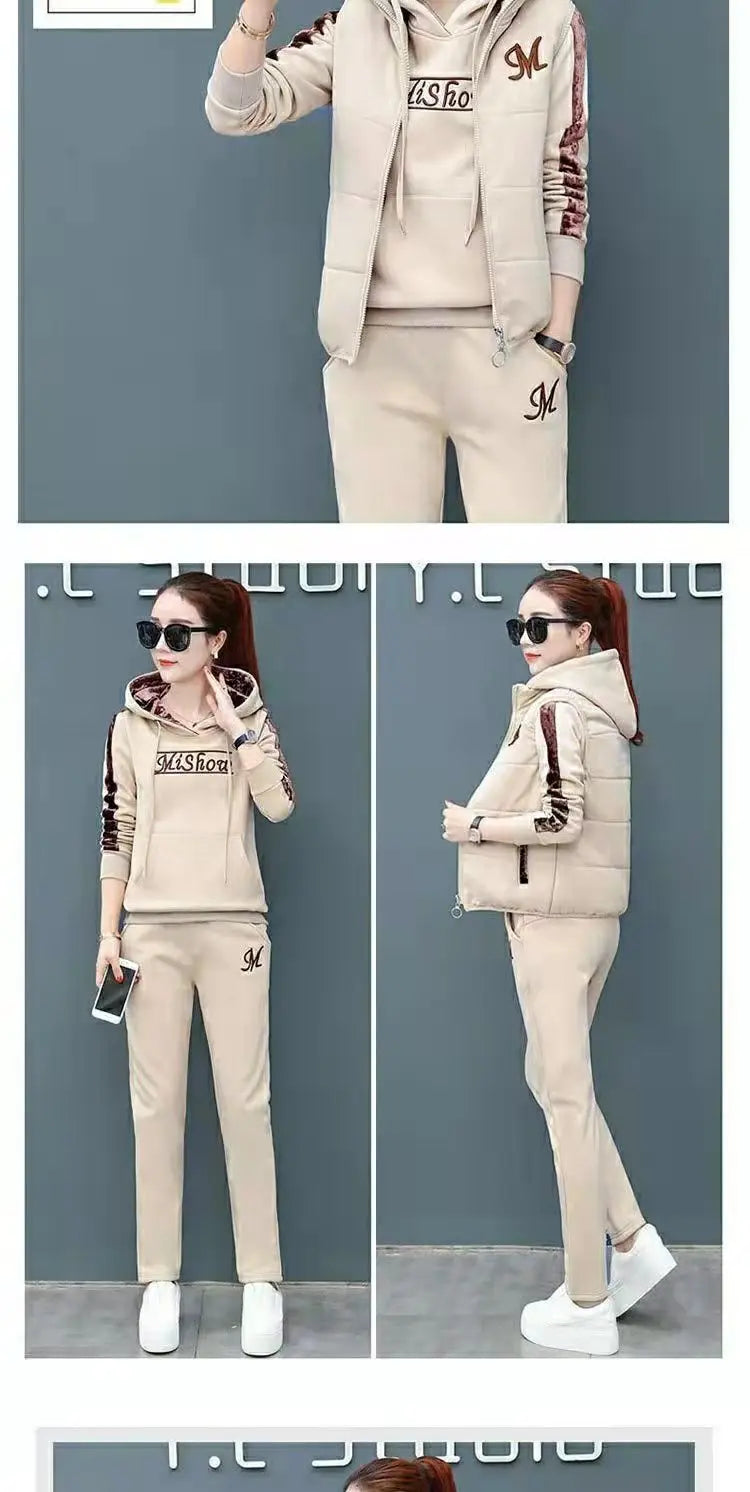 Winter 3 Pcs/Set Women Waistcoat Top Pants Set Letter Embroidery Ladies Winter Tracksuit Color Block Three-piece Sweatpants Set.
