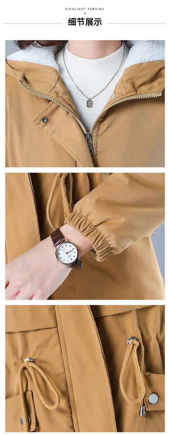 Fleece-gefütterte Kapuze, Daunenjacke, Wintermantel für Damen, warme, mit Kordelzug gepolsterte Parkas, mittellanger Mantel, Streetwear, gepolsterte Kleidung