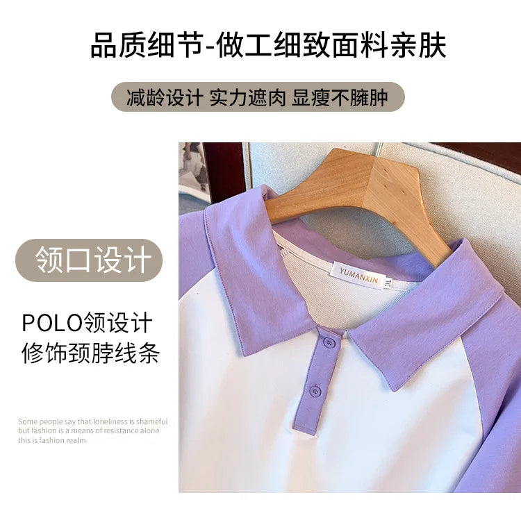 170kg plus size Damen büste Frühling Herbst loser Polo kragen kontrastieren des Sweatshirt schwarz lila 4xl 5xl 6xl 7xl 8xl 9xl.