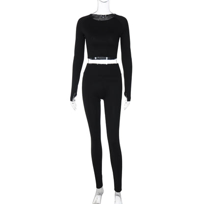 Hugcitar Pure Color Long Sleeve Crop T-Shirt Legging 2 Piece Matching Sets 2024 Spring Women Fashion Streetwear Sports Tracksuit.