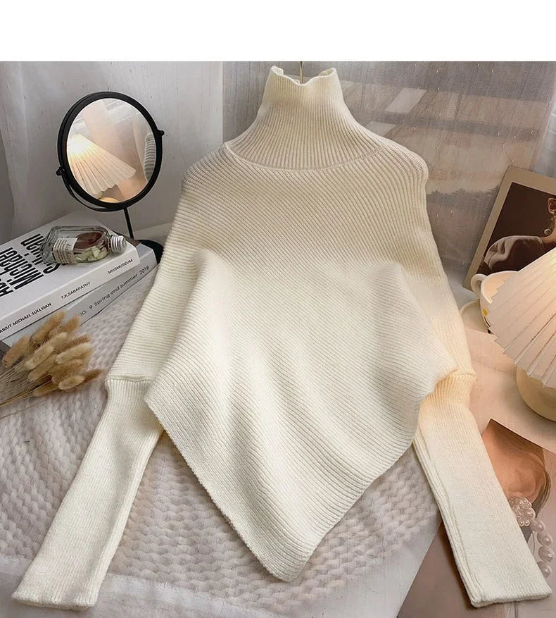 2025 Korea Herbst Winter Frauen Mode Unregelmäßigen Lose Stricken Pullover Vintage High Neck Langarm Weibliche Pullover Chic Tops.