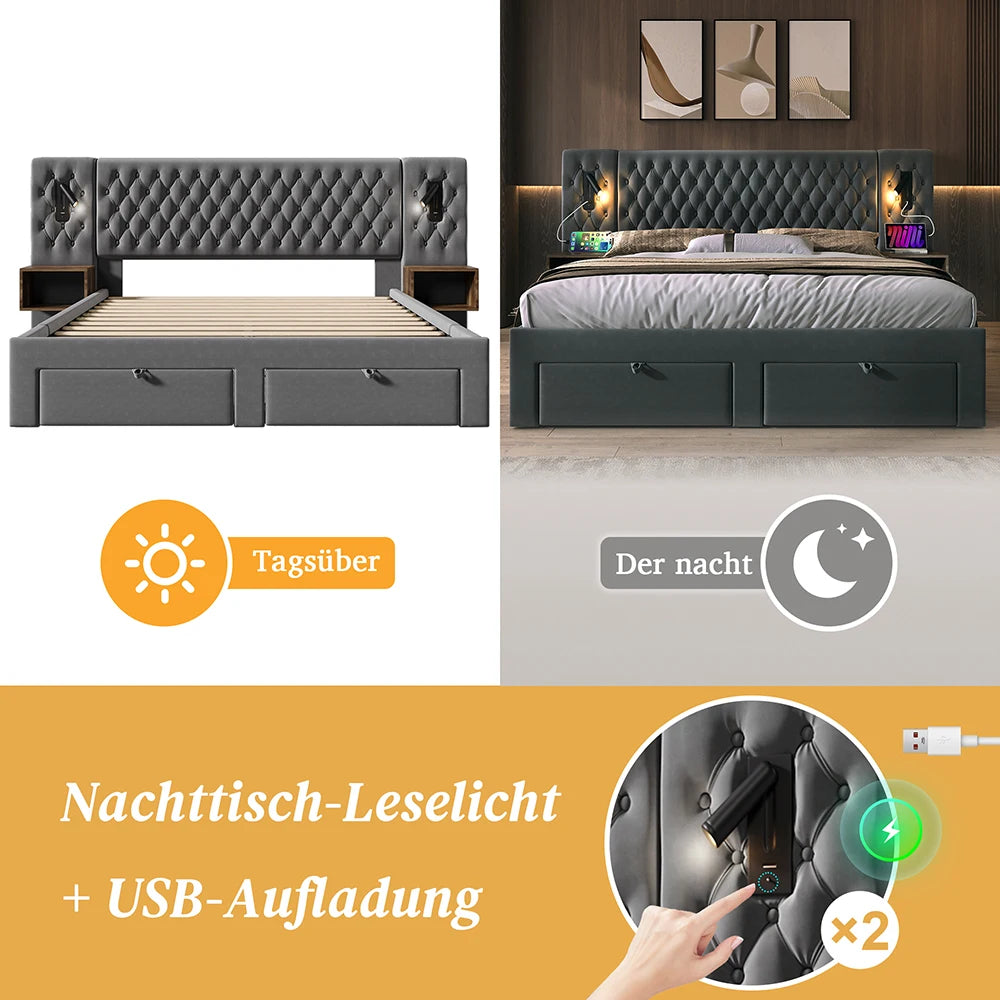 KOMHTOM Polsterbett mit 2 Nachttischen und 4 Schubladen, Kopfteil Leselicht mit USB-Ladefunktion, Samt (Ohne Matratze)