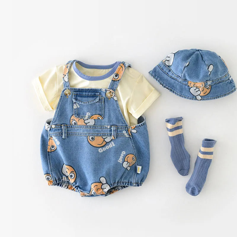 2 Stück Sommer Kinder Baby Denim Bodysuit und Mützen Anzüge einteilige Unisex Kleinkind Jungen Mädchen weiche Jeans Kleidung Jeans Sprung anzüge.