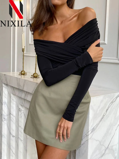 New Summer One Shoulder Jumpsuit Women‘s Bodysuit Long Sleeve Bodycon Tops Sexy Off Shoulder Skinny T-Shirts Playsuits for Women.