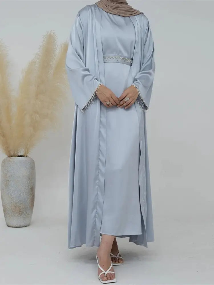 Ramadan Kebaya Chain Satin Kimono 2 Piece Abaya Set Turkey Islam Dress Muslim Sets Abayas For Women Robe Femme Musulmane Kaftan