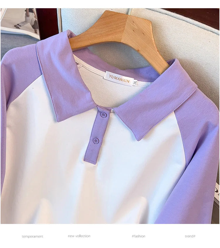 170kg plus size Damen büste Frühling Herbst loser Polo kragen kontrastieren des Sweatshirt schwarz lila 4xl 5xl 6xl 7xl 8xl 9xl.