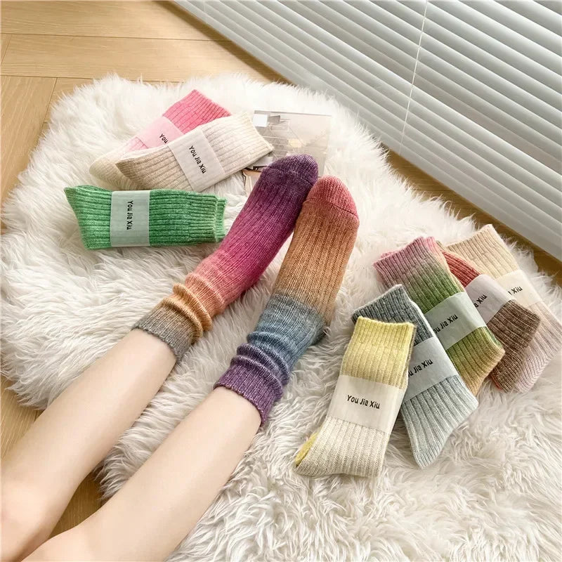 Winter Thick Warm Long Socks Gradient Wool Cashmere Kawaii Socks Women Thermal Floor Sleeping Socks New Year Gift Autumn 2024New.