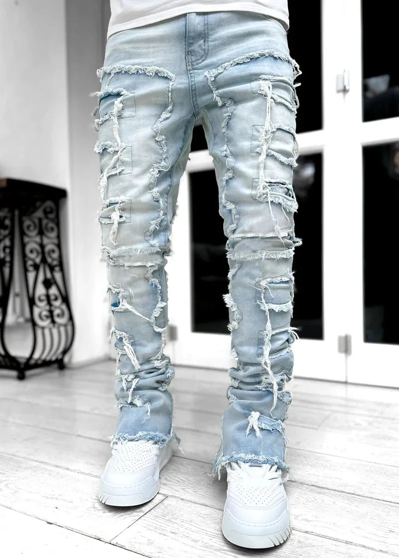 Men's Regular Fit Stacked Jeans Ripped Slim Fit Patch Distressed Destroyed Straight Denim Pants Hip Hop Streetwear Trouser Cloth.