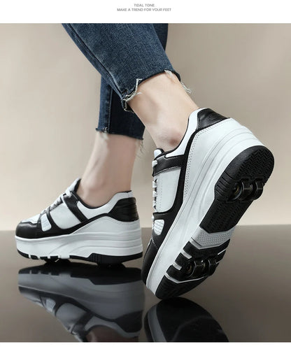 Four wheel roller shoes Boys girls walking shoes Casual outdoor sports slide and shrink school students pulleys shoes sneakers.