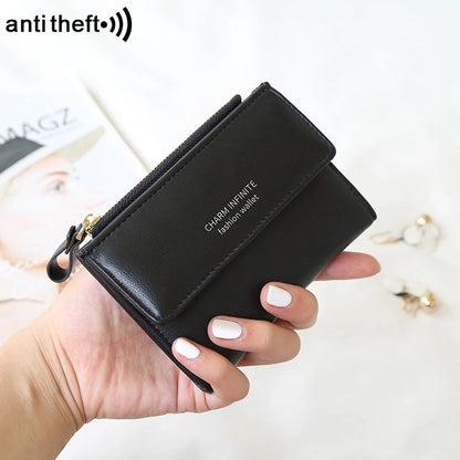 RFID Anti-Theft Short Card Bag for Women, Brush, PU, Solid Color, Zipper Buckle, Multi-functional Fashion, Small Purse.