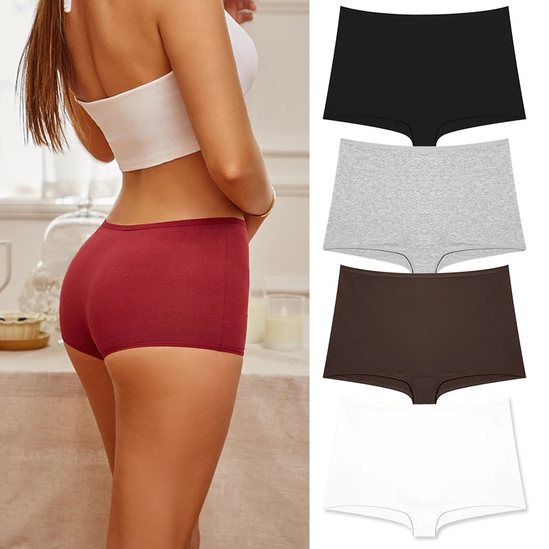 4PCS/Set Women Cotton Panties Sexy Low Rise Boyshorts Seamless Sports Boxers Female Comfortable Underwear Solid Color Lingerie.
