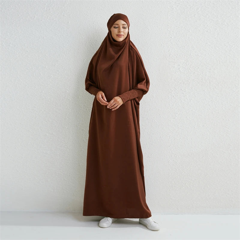 Muslimische Abaya mit Kapuze, Smockärmel, einteiliges Gebetskleid, Damen, Jilbab, islamische Kleidung, Dubai, Saudi-Arabien, schwarze Robe, türkische Bescheidenheit.