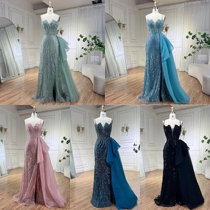 SERENE HILL Maßgeschneiderte 2025, türkisfarbene Spaghettiträger, luxuriöse Perlen-Abendkleider, Meerjungfrau, Schlitz, Überrock, Party, GLA 72378.