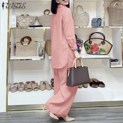 ZANZEA Fashion Women Casual Trousers Suits 2PCS Autumn Long Sleeve Blouse Solid Wide Leg Pants Sets Loose Work Tracksuit Outifit.