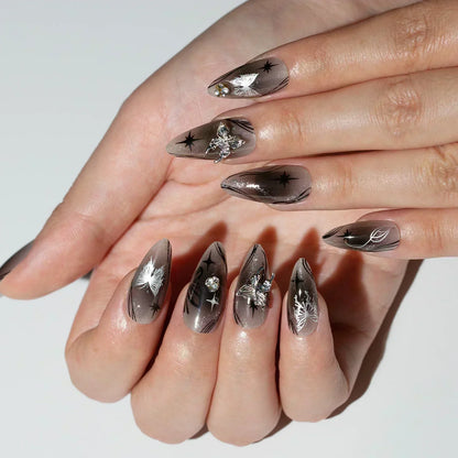 24Pcs White Almond False Nails Ballet with French Design Wearable Fake Nails Gradient Simple Full Cover Press on Nail Tips Art.