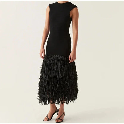 Fashion Solid Patchwork Quaste Verstärktes Stricken Midi Kleid Frauen Backless Ärmel Schulter Pad Schlank Roben Dame Chic Party Kleider.